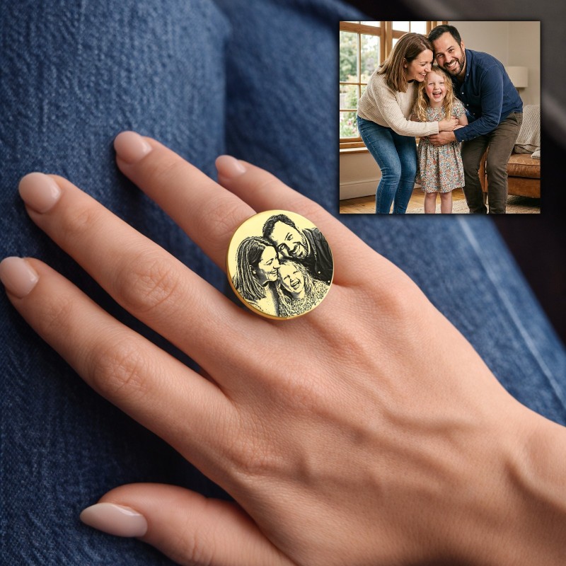                  Inel Statement Personalizat cu Fotografie Gravură Foto pe Inox Placat cu Aur 18K Finisaj Oglinda
               