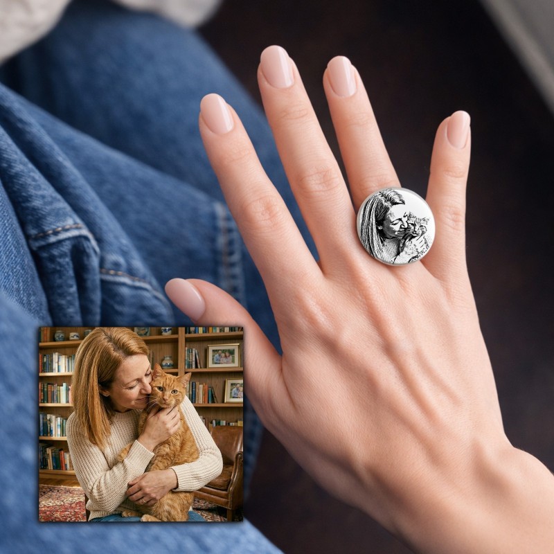 Inel Statement Personalizat cu Fotografie Gravură Foto pe Inox Finisaj Oglinda