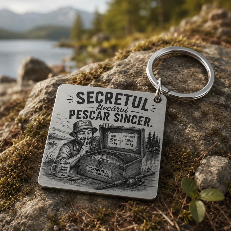                  Breloc inox „Secretul fiecărui pescar sincer” – cadou pescar
               