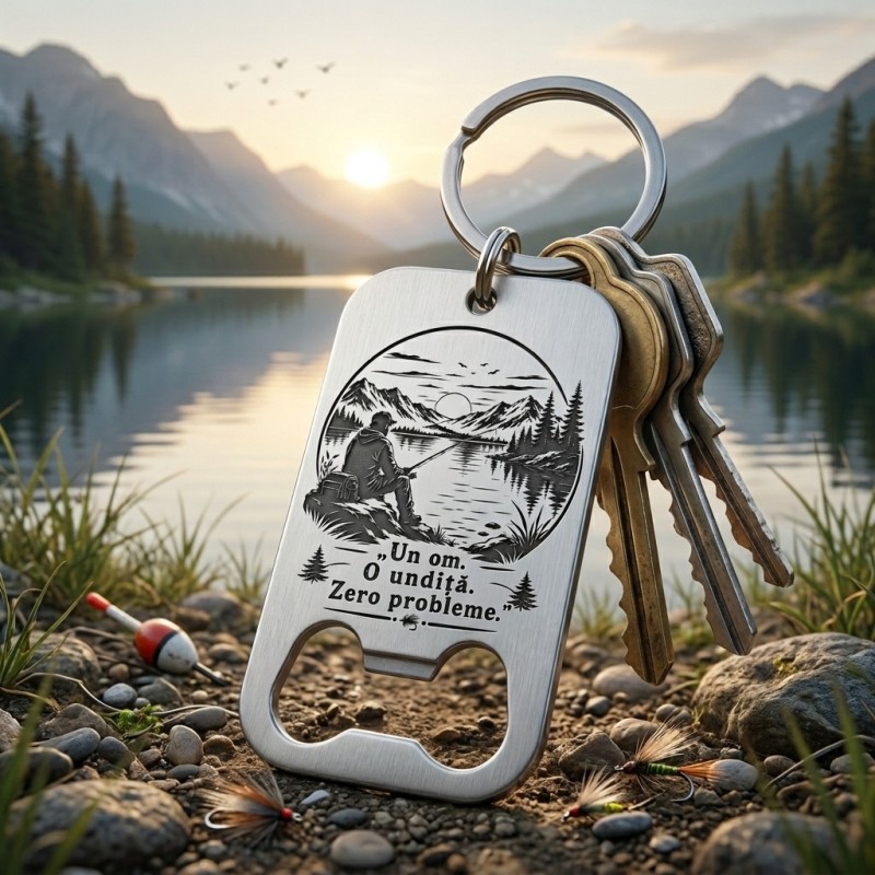                  Breloc inox personalizat „Un om. O undiță. Zero probleme” – cadou pescari
               