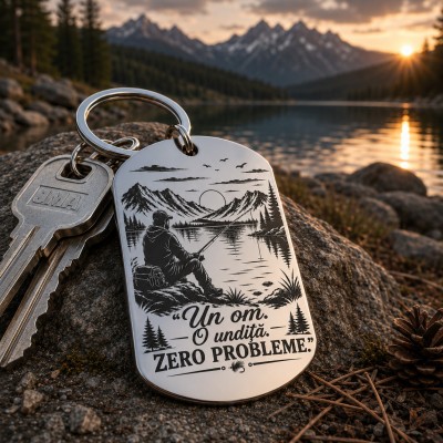 Breloc inox personalizat pescari – „Un om. O undiță. Zero probleme.”