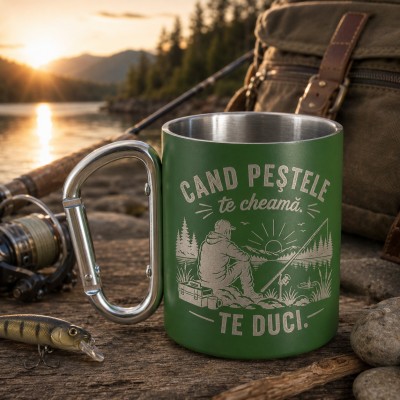 Cana inox cu carabinieră personalizată – „Când peștele te cheamă” | Cadou pescari