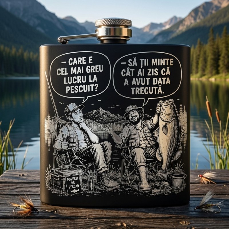                  Ploscă inox personalizată pescari 200ml – Povești de pescar | Cadou amuzant
               