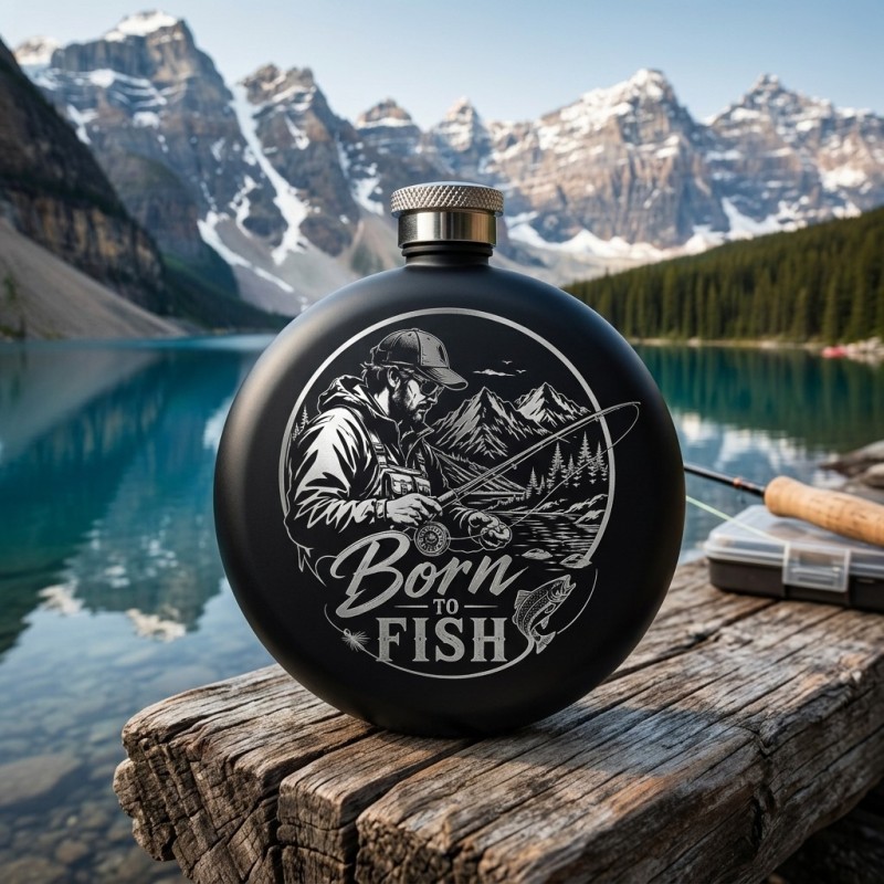                  Ploscă inox 80ml „Born to Fish” personalizată – cadou pescari
               