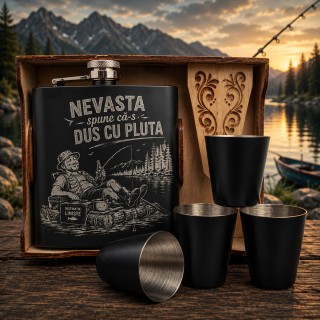 Set ploscă inox 200ml + 4 pahare – cadou pescari „Dus cu pluta”