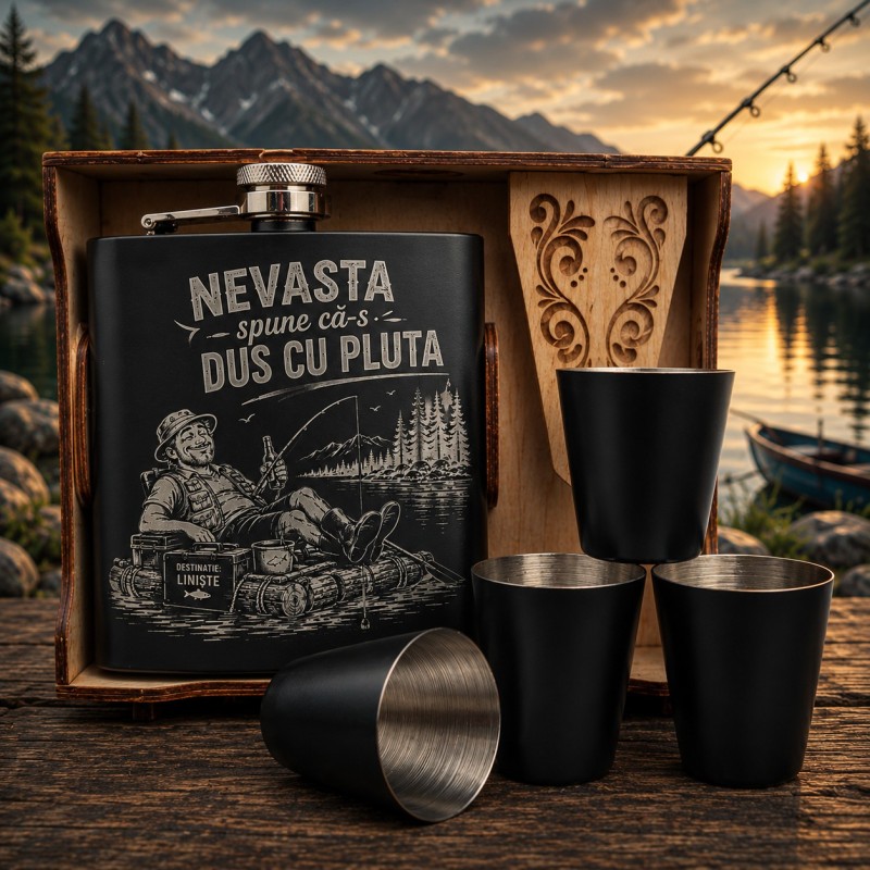Set ploscă inox 200ml + 4 pahare – cadou pescari „Dus cu pluta”