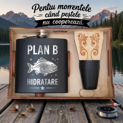 Set ploscă inox 200ml cu pahare – PLAN B Hidratare | Cadou pescari