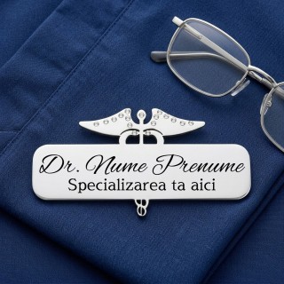 Ecuson Medical Personalizat din Inox Argintiu | Caduceu cu Cristale | Doctori si asistenti