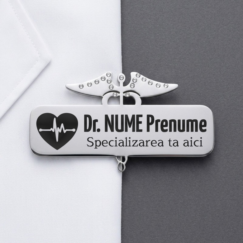 Ecuson Medical Personalizat Inox Argintiu cu Simbol Specializare | Inox Gravură Laser