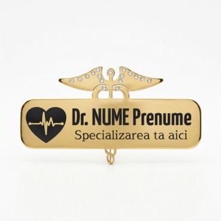 Ecuson Medical Personalizat Inox Gold Plated -  Caduceu cu Cristale, Gravură Laser | Simbol Nume Specializare