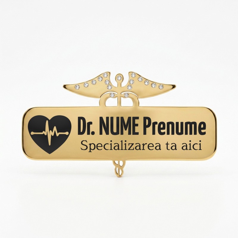                  Ecuson Medical Personalizat Inox Gold Plated -  Caduceu cu Cristale, Gravură Laser | Simbol Nume Specializare
               