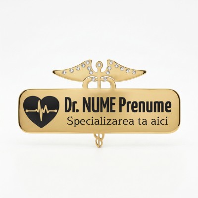 Ecuson Medical Personalizat Inox Gold Plated -  Caduceu cu Cristale, Gravură Laser | Simbol Nume Specializare