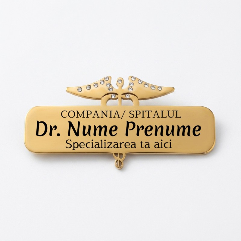                 Ecuson Medical Personalizat din Inox Gold Plated – Caduceu cu Cristale, Gravură Laser | Nume, Specializare și Instituție
               