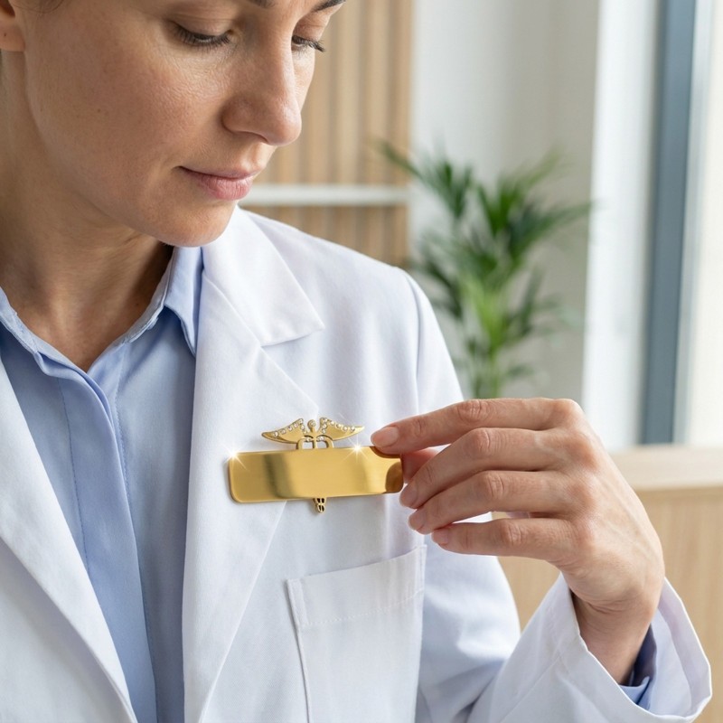                  Ecuson Medical Personalizat din Inox Gold Plated – Caduceu cu Cristale, Gravură Laser | Nume, Specializare și Instituție
               