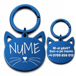Medalion Pisică Personalizat din Inox Albastru | Gravură Nume și Telefon
