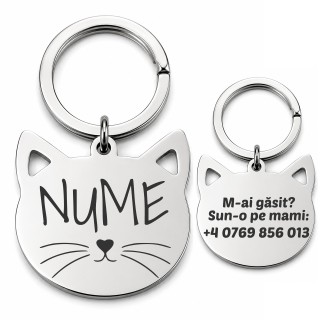 Medalion Pisică Personalizat din Inox Argintiu| Gravură Nume și Telefon