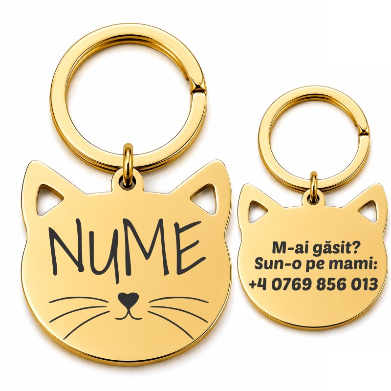                  Medalion Pisică Personalizat din Inox Gold Plated| Gravură Nume și Telefon
               