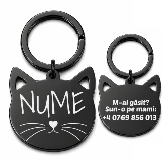 Medalion Pisică Personalizat din Inox Negru| Gravură Nume și Telefon