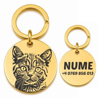 Medalion Pisică Bănuț Personalizat cu Poză din Inox Gold Plated – Gravură Foto Nume și Telefon