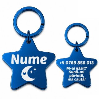 Medalion Pisică Personalizat Stea Inox Albastru – Gravură Nume Mesaj și Telefon