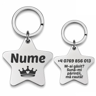 Medalion Pisică Personalizat Stea Inox Argintiu – Gravură Nume Mesaj și Telefon