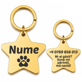 Medalion Pisică Personalizat Stea Inox Gold Plated – Gravură Nume Mesaj și Telefon