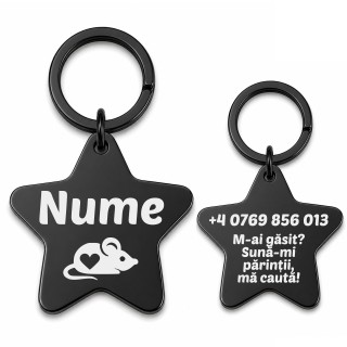 Medalion Pisică Personalizat Stea Inox Negru – Gravură Nume Mesaj și Telefon