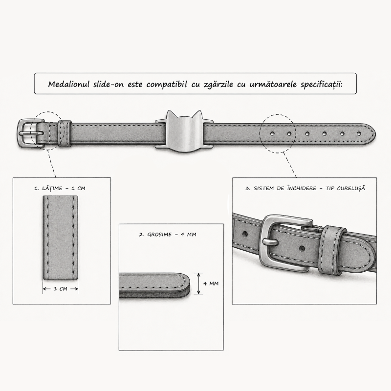                  Medalion Slide-On Personalizat Pisici Inima Inox Argintiu| Gravură Nume Simbol Telefon
               