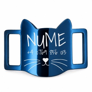 Medalion Slide-On Personalizat Pisici Inox Albastru Pisică| Gravură Nume Telefon