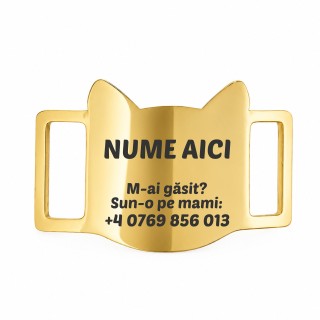 Medalion Slide-On Personalizat Pisici Inox Gold Plated Pisică| Gravură Nume Mesaj Telefon
