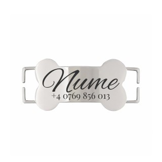 Medalion Slide-On Os Personalizat Câine/Pisică Gravură Nume și Telefon | Inox Argintiu | pentru Zgardă 1cm