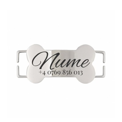 Medalion Slide-On Os Personalizat Câine/Pisică Gravură Nume și Telefon | Inox Argintiu | pentru Zgardă 1cm