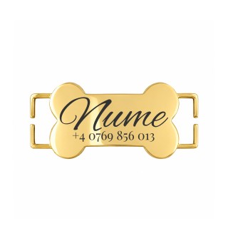 Medalion Slide-On Os Personalizat Câine/Pisică Gravură Nume și Telefon | Inox Gold Plated| pentru Zgardă 1cm
