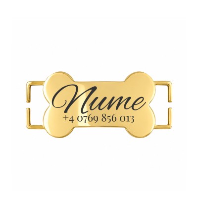 Medalion Slide-On Os Personalizat Câine/Pisică Gravură Nume și Telefon | Inox Gold Plated| pentru Zgardă 1cm