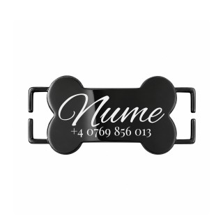 Medalion Slide-On Os Personalizat Câine/Pisică Gravură Nume și Telefon | Inox Negru| pentru Zgardă 1cm