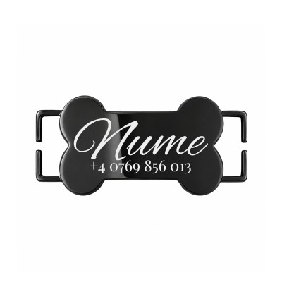 Medalion Slide-On Os Personalizat Câine/Pisică Gravură Nume și Telefon | Inox Negru| pentru Zgardă 1cm