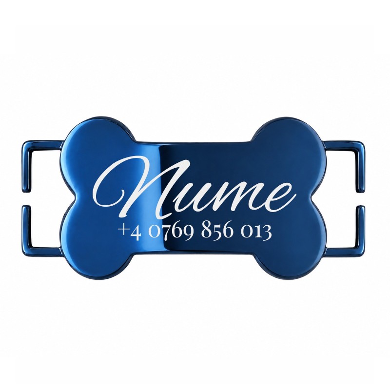                  Medalion Slide-On Os Personalizat Câine/Pisică Gravură Nume și Telefon | Inox Albastru| pentru Zgardă 1cm
               