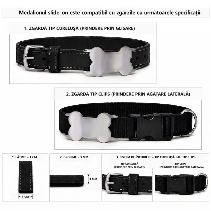                  Medalion Slide-On Os Personalizat Câine/Pisică Gravură Nume și Telefon | Inox Albastru| pentru Zgardă 1cm
               
