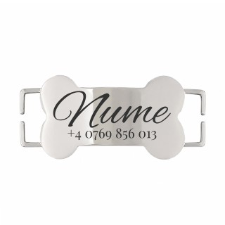 Medalion Slide-On Os Personalizat Câine Gravură Nume și Telefon | Inox Argintiu | pentru Zgardă 1.5cm