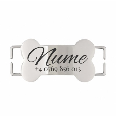 Medalion Slide-On Os Personalizat Câine Gravură Nume și Telefon | Inox Argintiu | pentru Zgardă 1.5cm