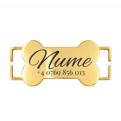 Medalion Slide-On Os Personalizat Câine Gravură Nume și Telefon | Inox Gold Plated| pentru Zgardă 1.5cm