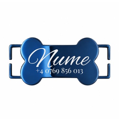 Medalion Slide-On Os Personalizat Câine Gravură Nume și Telefon | Inox Albastru| pentru Zgardă 1.5cm