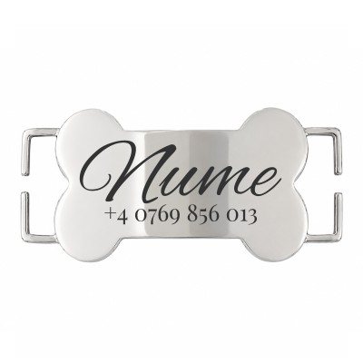 Medalion Slide-On Os Personalizat Câine Gravură Nume și Telefon | Inox Argintiu | pentru Zgardă 2cm