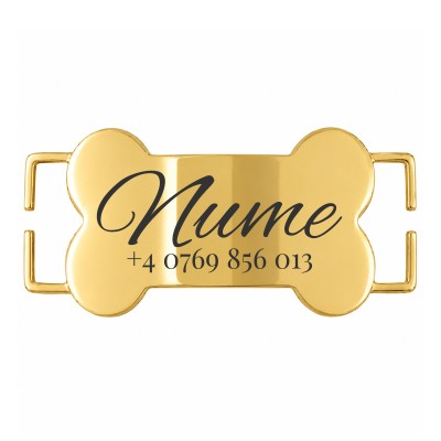 Medalion Slide-On Os Personalizat Câine Gravură Nume și Telefon | Inox Gold Plated| pentru Zgardă 2cm