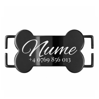 Medalion Slide-On Os Personalizat Câine Gravură Nume și Telefon | Inox Negru| pentru Zgardă 2cm