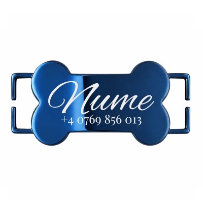 Medalion Slide-On Os Personalizat Câine Gravură Nume și Telefon | Inox Albastru| pentru Zgardă 2cm
