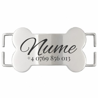 Medalion Slide-On Os Personalizat Câine Gravură Nume și Telefon | Inox Argintiu | pentru Zgardă 2.5cm