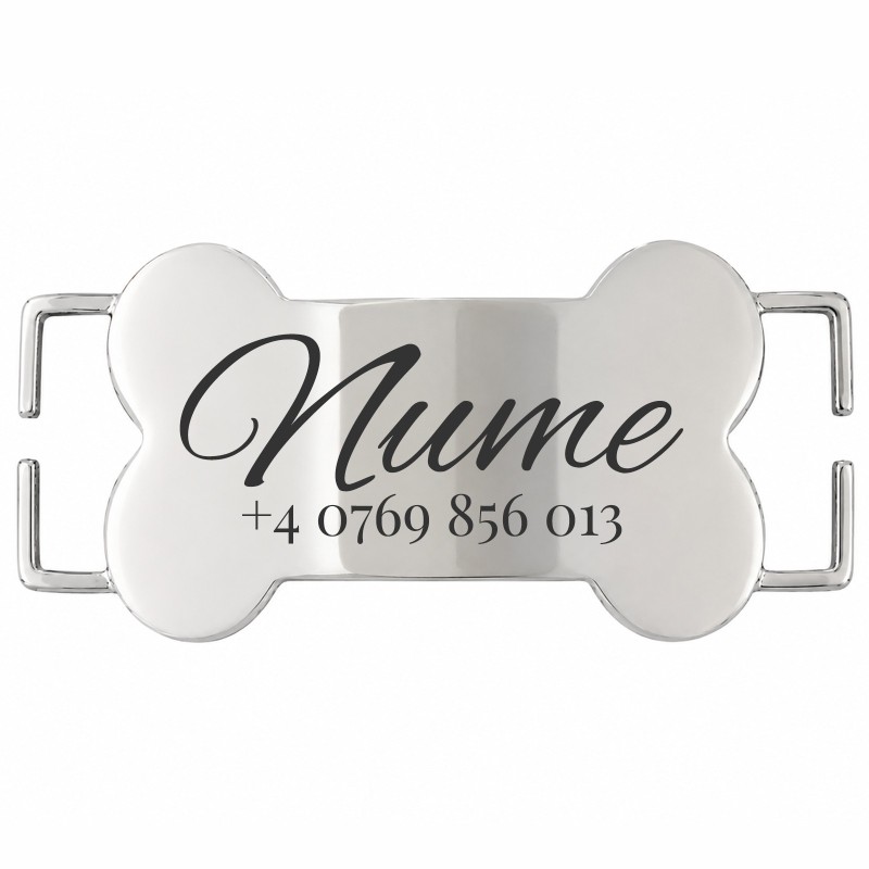                  Medalion Slide-On Os Personalizat Câine Gravură Nume și Telefon | Inox Argintiu | pentru Zgardă 2.5cm
               