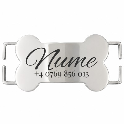 Medalion Slide-On Os Personalizat Câine Gravură Nume și Telefon | Inox Argintiu | pentru Zgardă 2.5cm