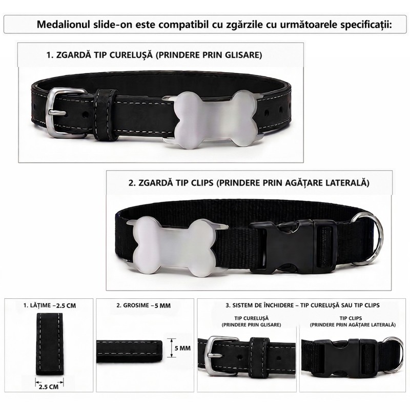 Medalion Slide-On Os Personalizat Câine Gravură Nume și Telefon | Inox Argintiu | pentru Zgardă 2.5cm